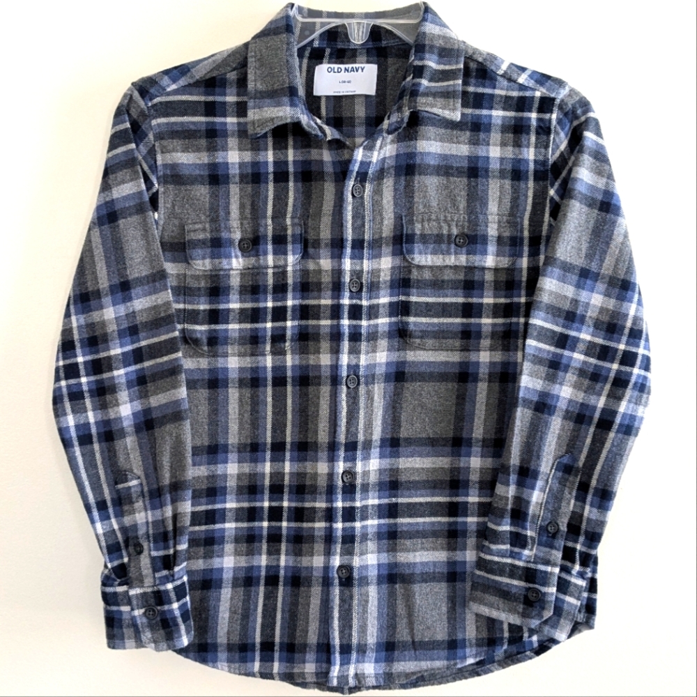 Big Boys Old Navy Grey/Blue Plaid Flannel Shirt (Size L 10/12)